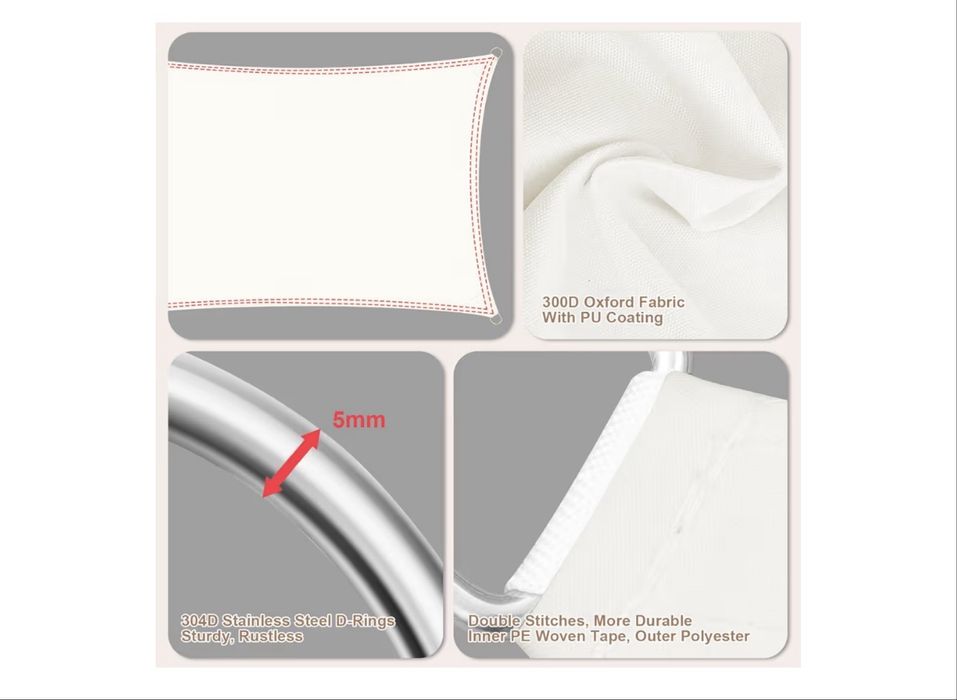 Toldo solar, impermeável, triângulo 5x5x7 m, creme/branco