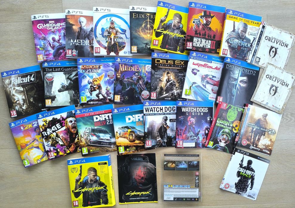 Oryginalne okładki do gier Wiedźmin, Cyberpunk, Elden Ring, Mortal