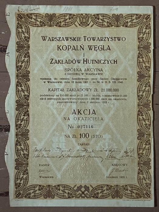Obligacja 1929 r. Warszawskie Towarzystwo Kopalń Węgla