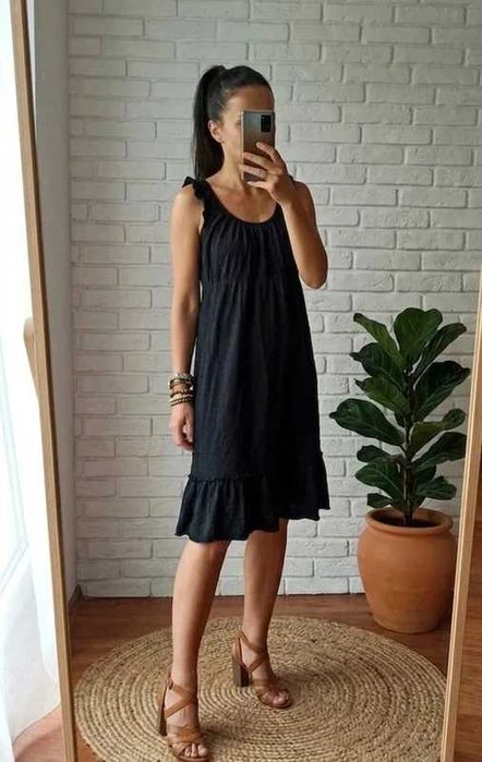 Sukienka czarna 36 38 S M letnia falbany luźna babydoll casual basic