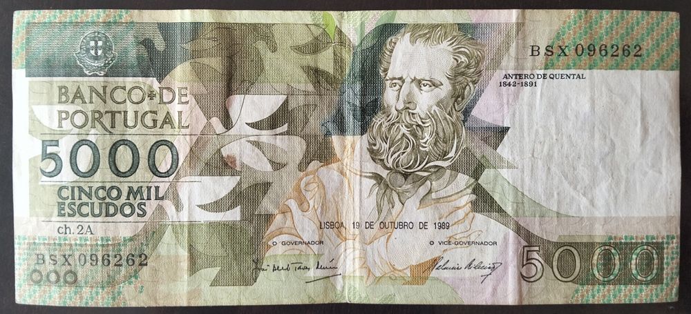 Lote 8 Notas 5000$ 1987/1989/1991/1993 Antero Quental Excelente Estado