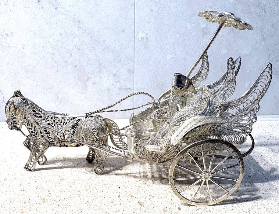 Exquisite antique small silver-toned filigree metal carriage