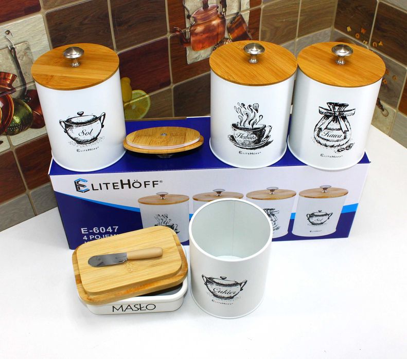 Białe pojemniki Kawa Herbata Cukier Sól z Maselniczką E6056