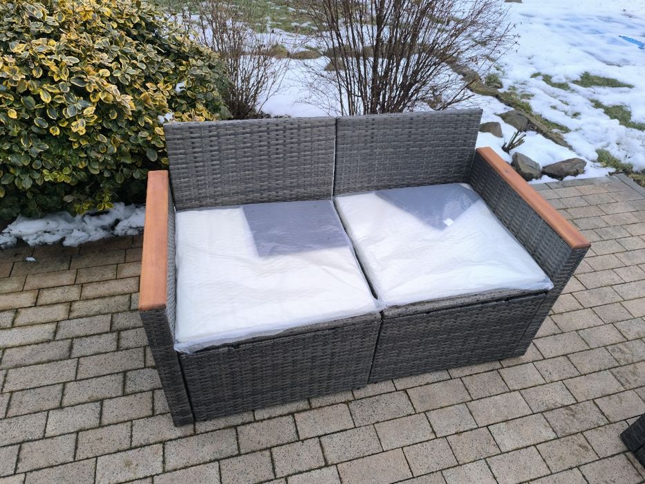 Nowe 2 sofy ogrodowe kanapy fotele modułowe z poduszkami rattan stolik