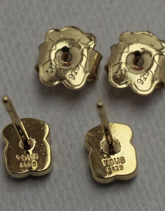 Kolczyki z misiem 6 mm żółte srebro vermeil 925 z onyksem
