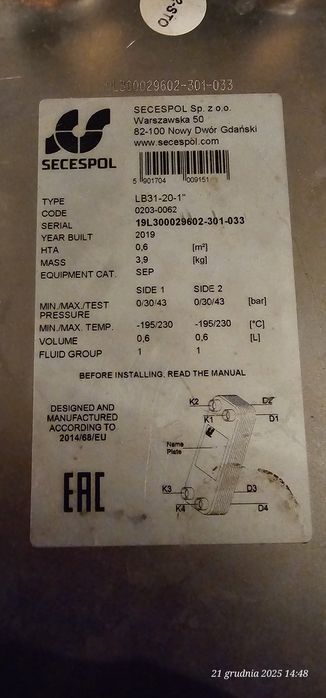 Wymiennik ciepła secespol lb31-20-1