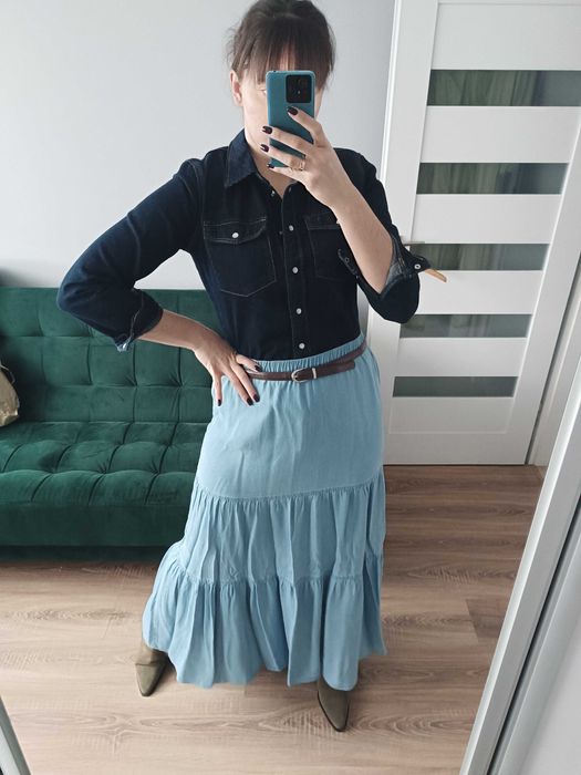 Spódnica długa maxi jeansowa falbany falbanki