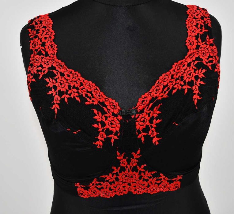 Biustonosz odciążający bez fiszbinów Bonprix 90E czerwone hafty kwiaty