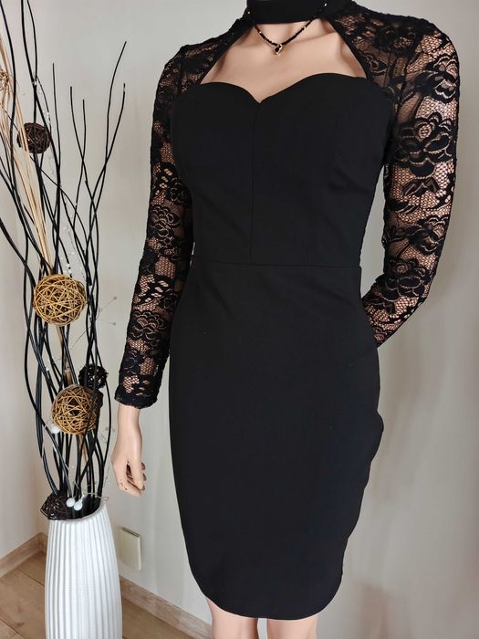Sukienka czarna elegancka z chokerem koronką M mini ołówkowa