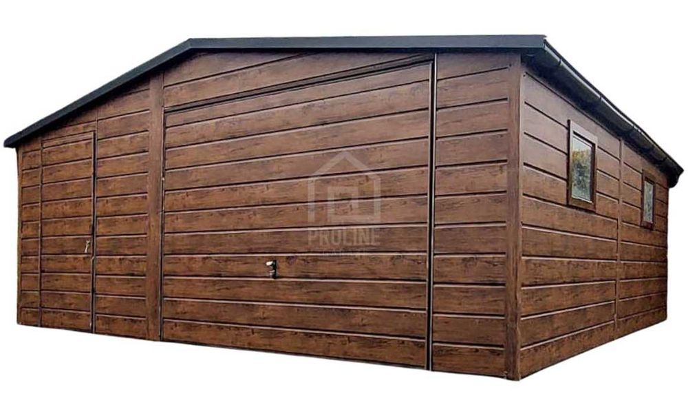 Garaż blaszany 6X6m brama uchylna drzwi 2x okno dwuspad rynny PLG240