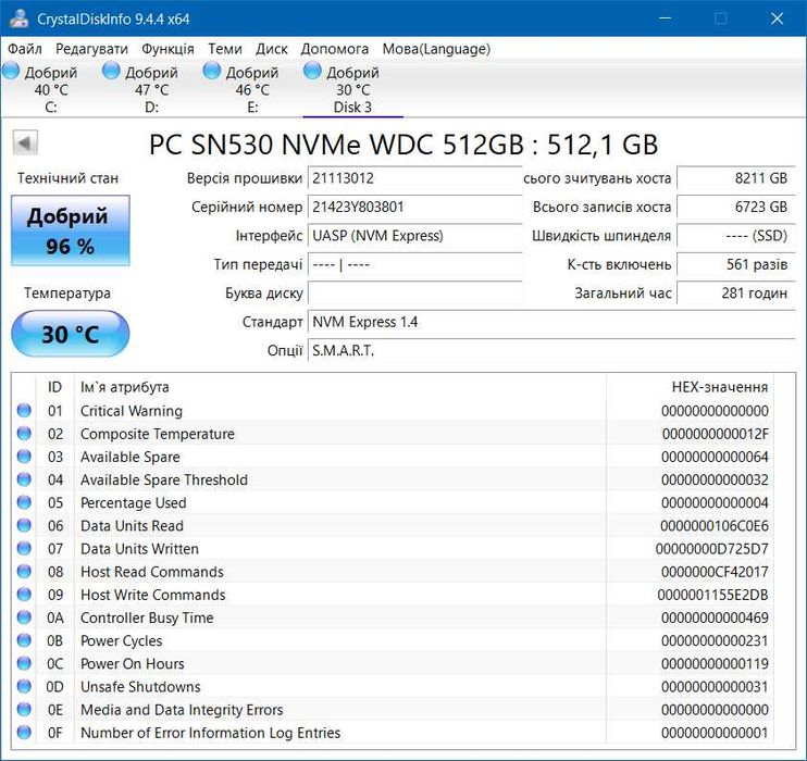 512gb WD SN530 nvme 2230 m2 (96% здоров'я) steamdeck