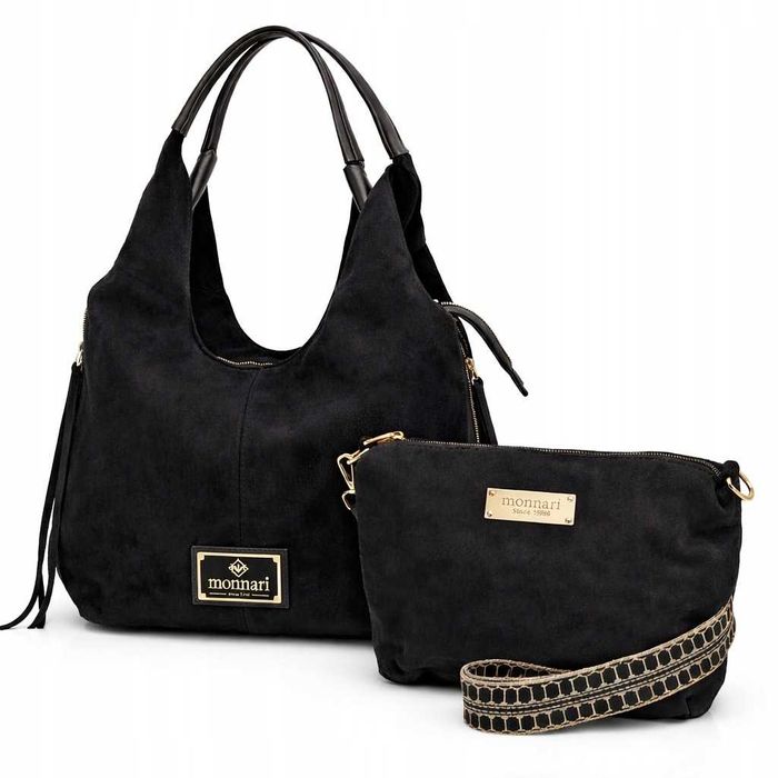 MONNARI Torebka Damska Shopper 2w1 Listonoszka Czarna Eko Skóra Zamsz