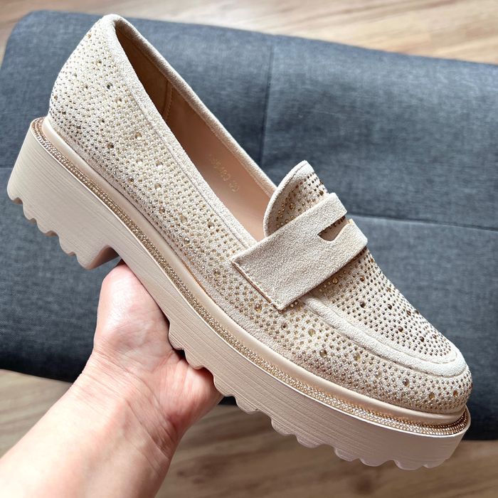 37 Sklep nowe beżowe mokasyny damskie na grubej podeszwie modne casual buty damskie