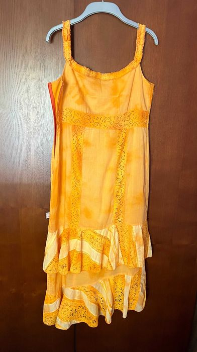 Vestido de verão amarelo com renda da NATURA, tamanho 38/40