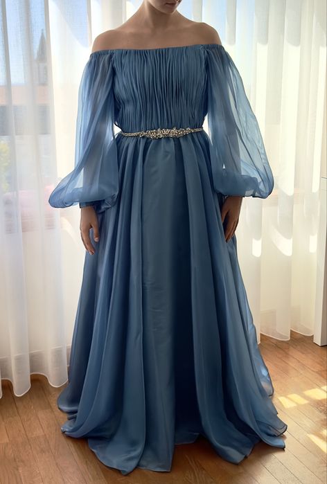 Vestido comprido de festa / cerimónia azul alta costura Maria França