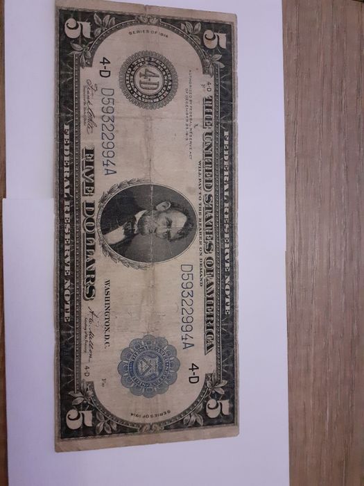 5 dolarów dolar dolary dollars  z 1914  D RZADKI
