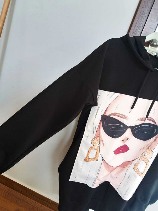 Długa Oryginalna bluza z kieszeniami i kapturem, bawełniana_S