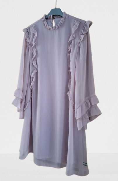 Liliowa Sukienka Mohito r. M Elegancka Falbany Długi Rękaw Podszewka