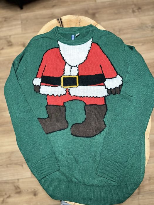 Męski sweter świąteczny z mikołajem h&m M zielony