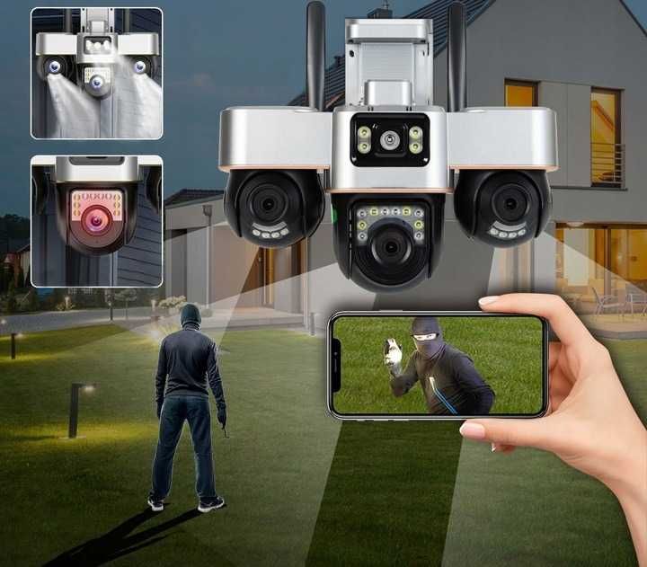 ZESTAW trzy obiektywowa kamera obrotowa zewnętrzna IP WiFi ZOOM alarm
