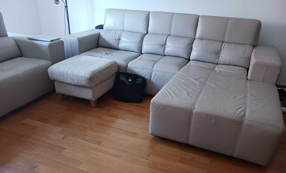Sofás em pele cinza - Chaise Longue e 3 lugares