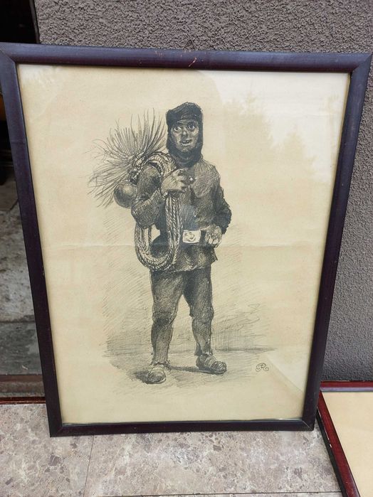 92 Stare obrazki litografie Józef Rapacki kominiarz kataryniarz oprawi