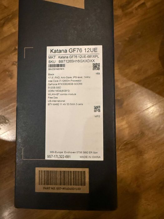 Laptop MSI Katana GF76 12UE / 32GB RAM / RTX3060 6GB