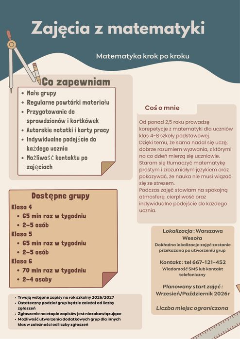 ZAJĘCIA Z MATEMATYKI dla uczniów szkoły podstawowej