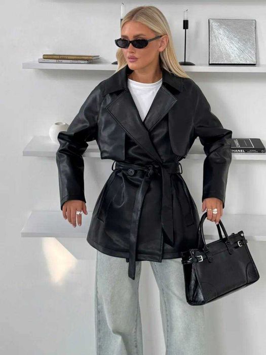 Опт та роздріб! Модный черный Тренч из эко кожи + Подарунок*