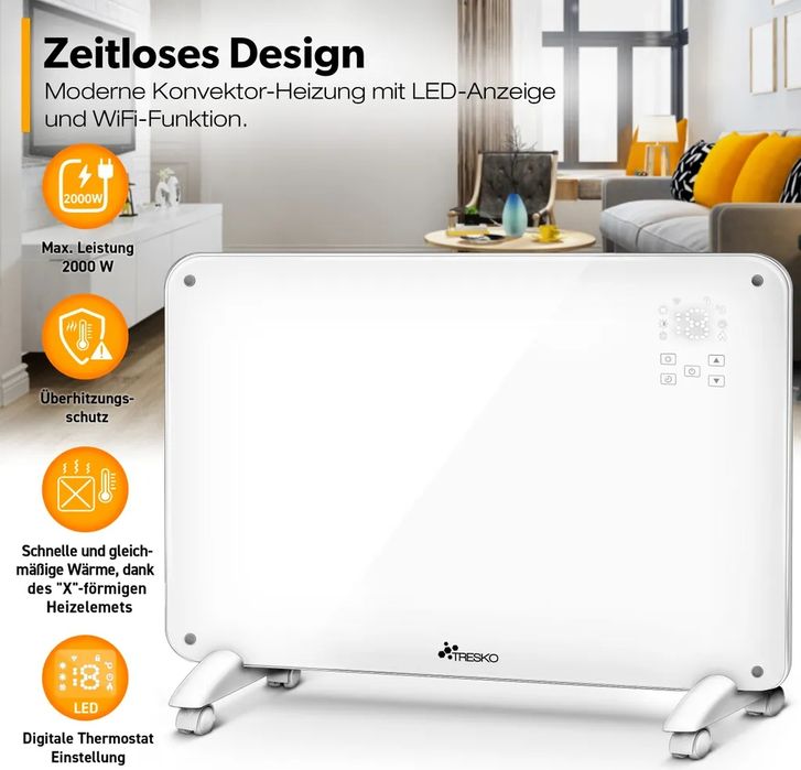 Konwektor szklany 2000 W grzejnik + WiFi biały Tresko