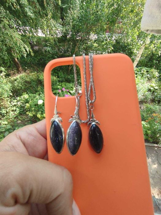 Набор серебряный,  925 (цепочка +кулончик, серьги) камень - авантюрин.