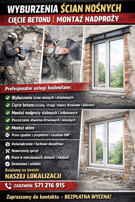 Wyburzenia scian nosnych Cięcie betonu montaż nadproży darmowa wycena