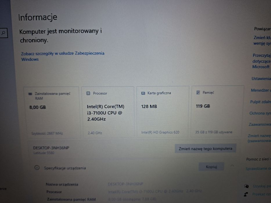 Laptop dell e5580 i3-7100U 8gb dysk 128ssd