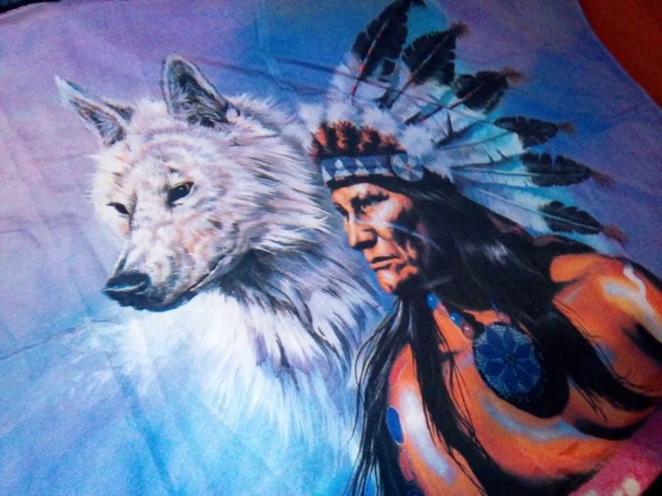 Накидка, шторка. Рисунок индеец с волком.