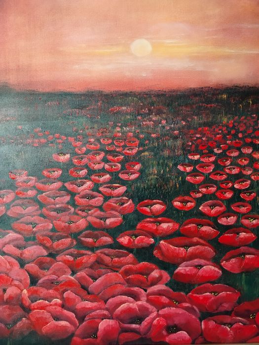 Duży obraz olejny "Pole maków" w pięknej złotej ramie - 90/70 cm