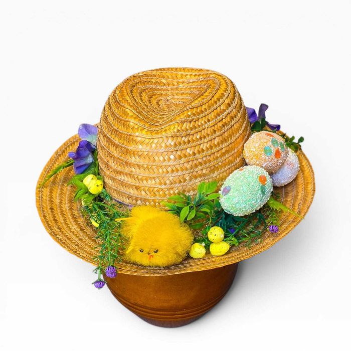Chapéu Decorativo Páscoa em Palha com Pintainho, Ovos e Flores