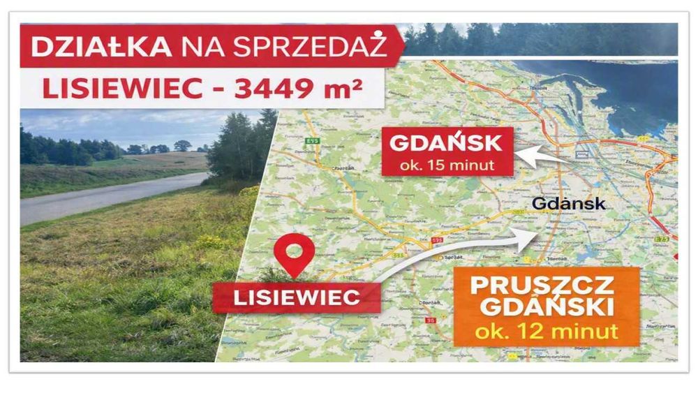 Działka 3449 m² Lisewiec – podział na 2–3 działki, bliźniak/dwulokalowiec, uzbrojenie, 15 min od Gdańska