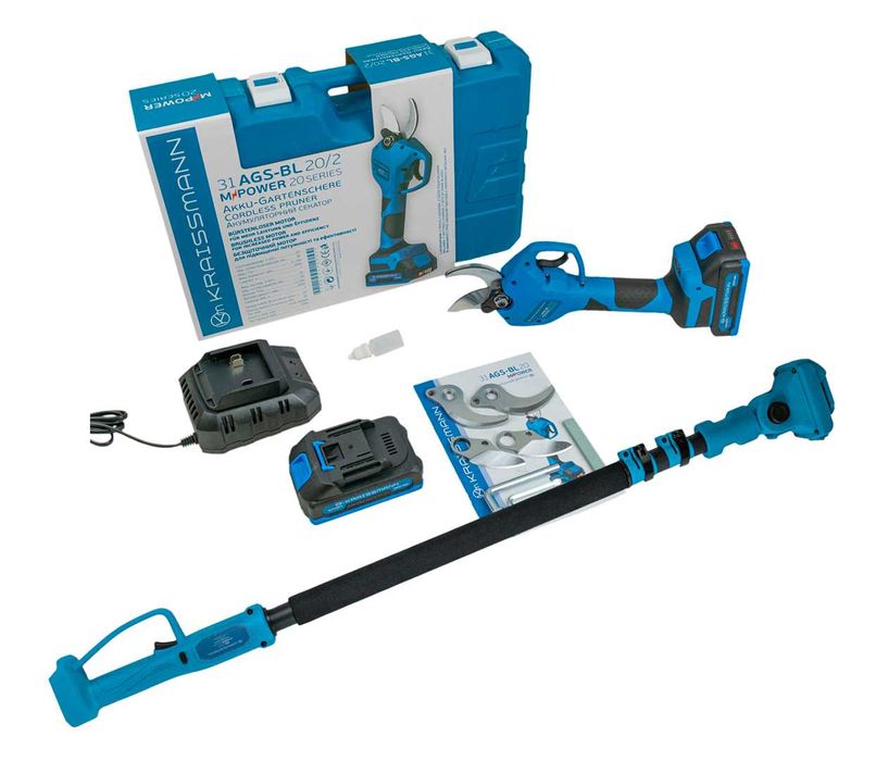 Подовжувач (2 та 2,5 м), міні пила, секатор та акумулятори KRAISSMANN