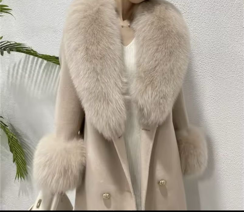 Kontantto plaszcz kaszmirowy bezowy z futrem naturalnym xs-3xl
