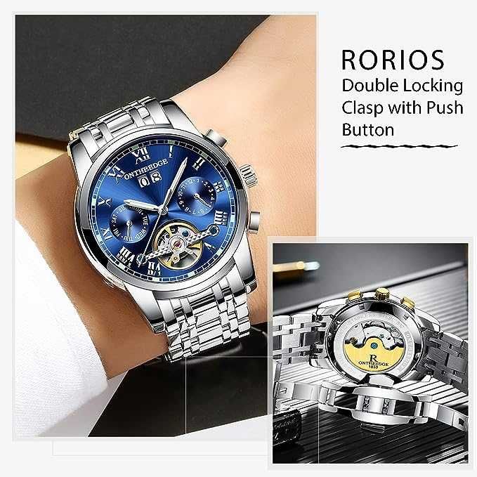 RORIOS Męski automatyczny zegarek mechaniczny, metalowa bransoletka