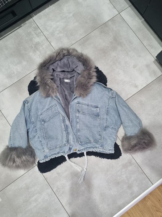 Zimowa kurtka jeansowa z kożuszkiem, futro, oversize
