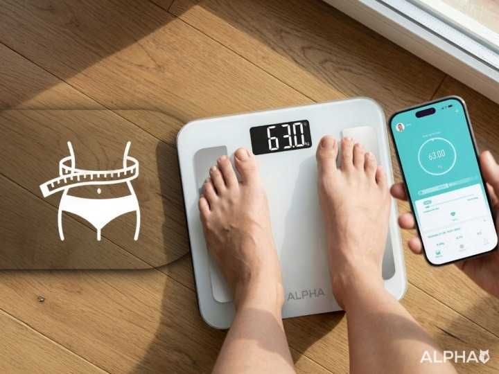 Waga lazienkowa analityczna ALPHA Bluetooth Aplikacja PL Pomiar 200kg