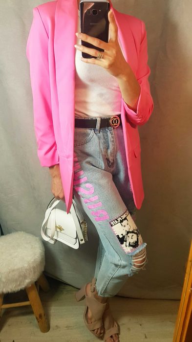 Spodnie jeans dżins naszywki mom fit jasne  S