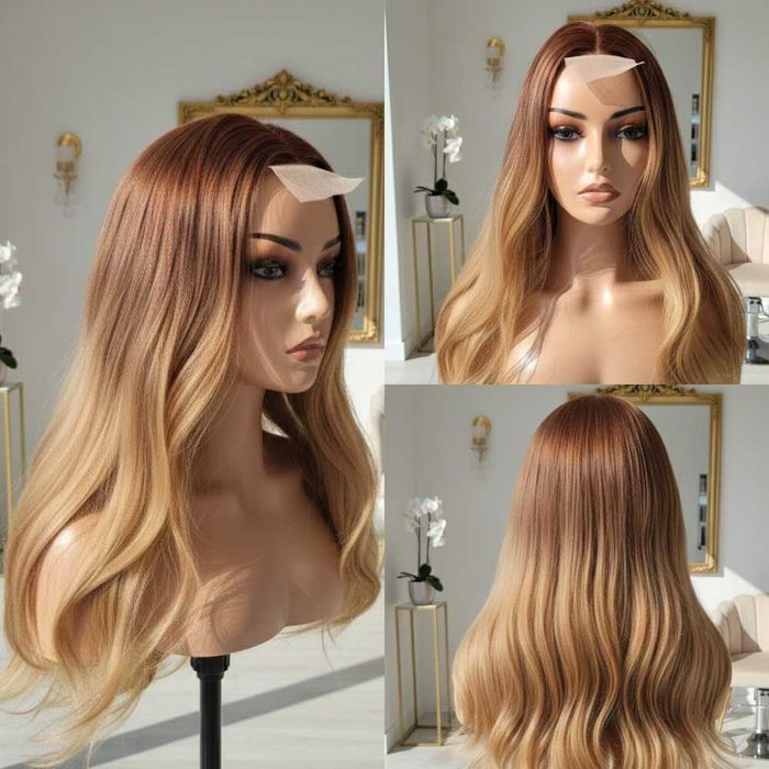 Długa Prosta Ciemny Blond Peruka Ombre Na Koronkowej Siateczce