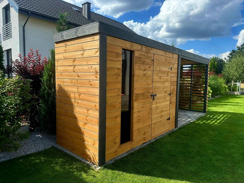 Nowoczesny Drewniany Domek Narzędziowy z wiatą VESTA 2x6m