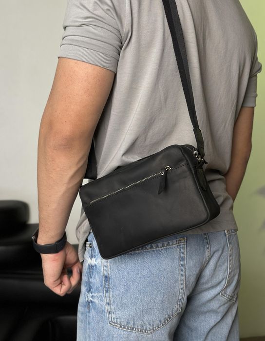 ТОП. Мужская сумка-мессенджер черная, кожаная через плечо