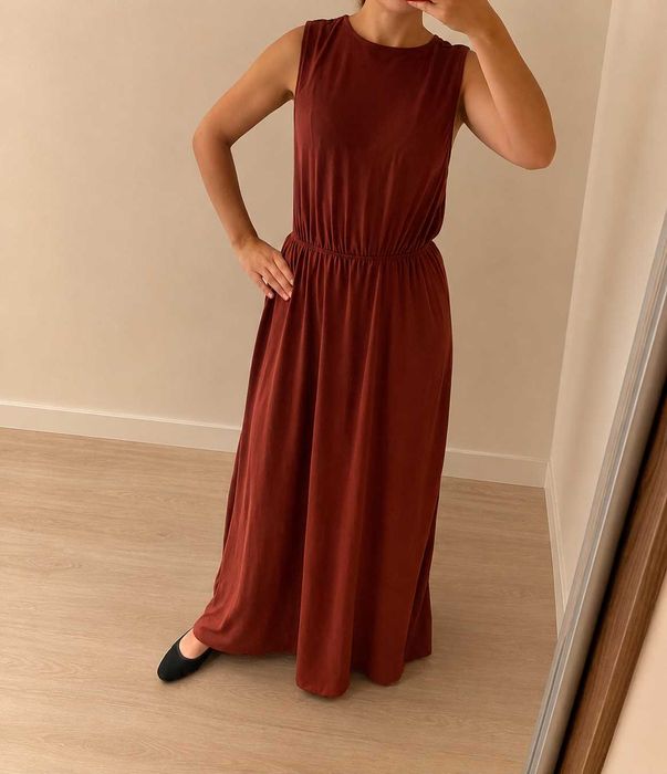 maxi długa sukienka H&M 36 S ceglasta ceglana brązowa letnia na lato