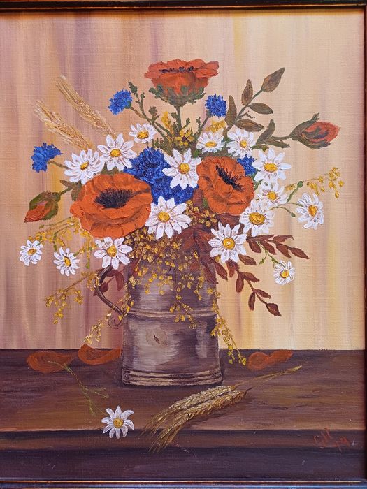 Stary obraz na płótnie sygnowany Kwiaty