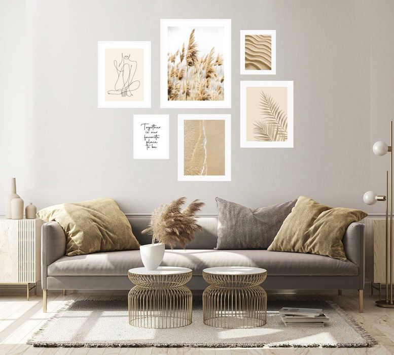 6x ZESTAW OBRAZ W RAMIE PLAKATY RAMKA boho trawa pampas piasek lineart