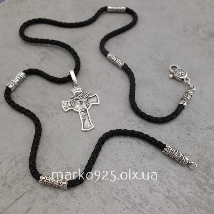 Срібний хрестик чоловічий шовковий шнур джгутик срібні вставками 3 мм
